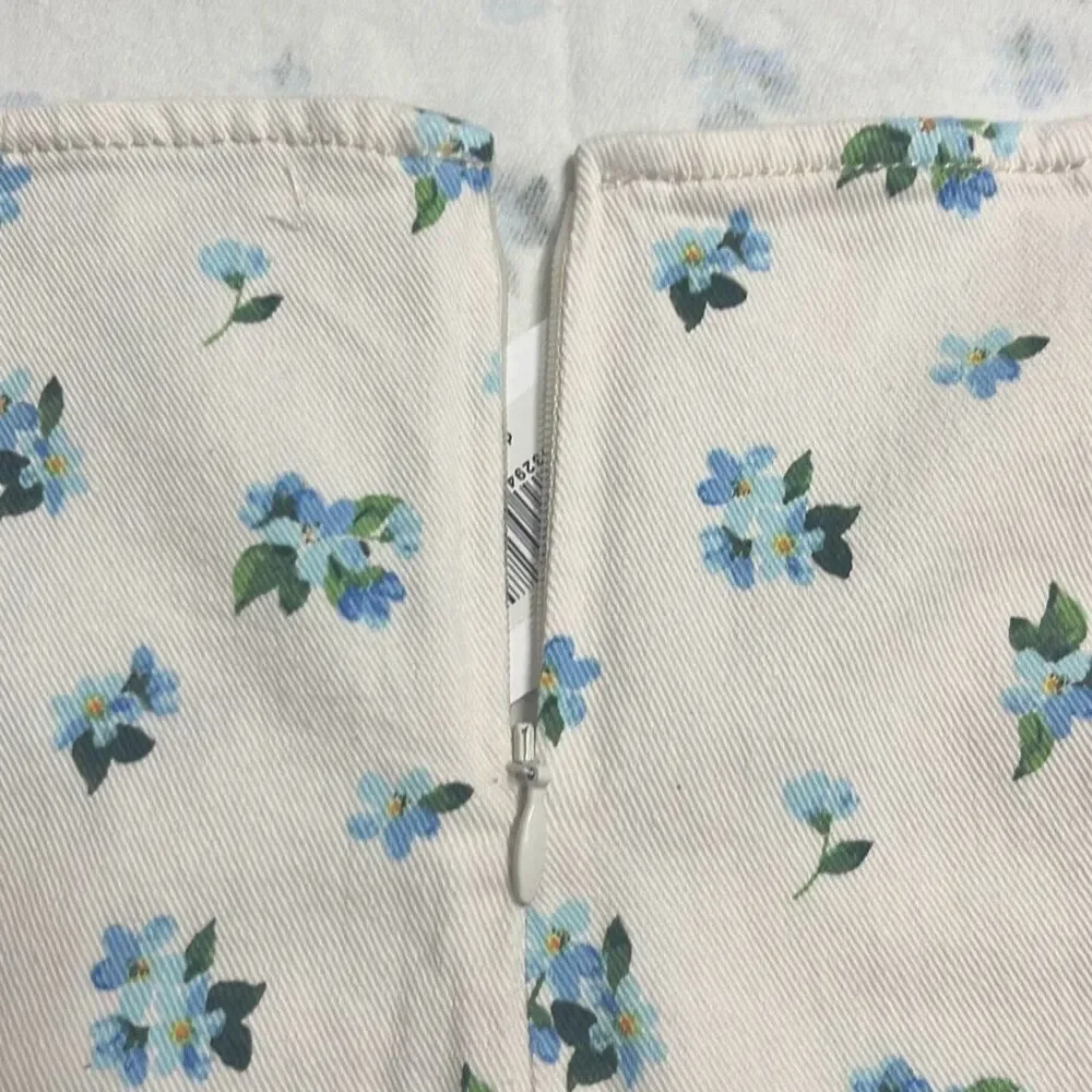 Revolve Weworewhat Ivory Blue‎ Floral Cut Out Belted Mini Denim Skirt Large NWT